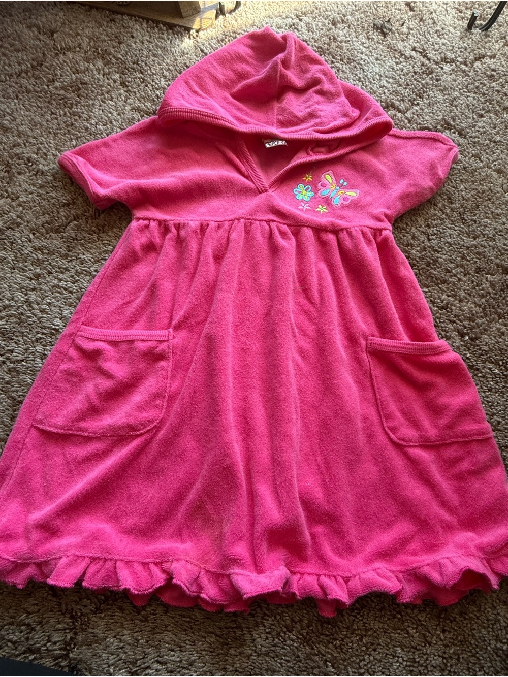 The Children's Place Bright Pink Hooded Terry Swim Coverup Dress with Butterfly